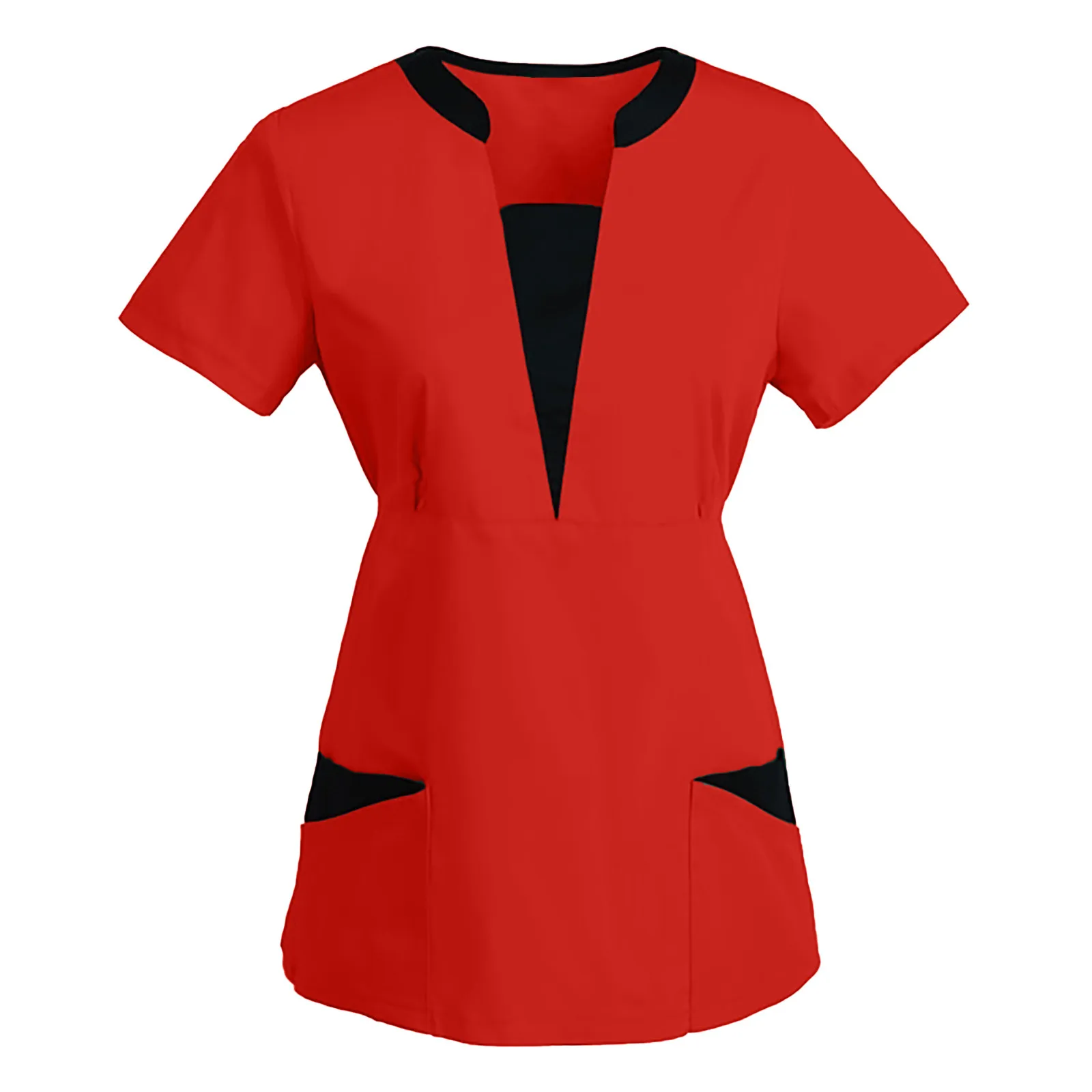 

Women Short Sleeve V-neck Tops Work Uniform Solid Patchwork Color Pocket Blouse