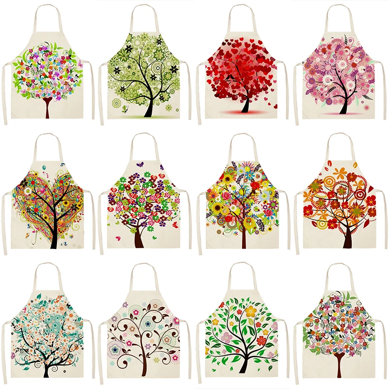

Colorful Tree Printed Kitchen Sleeveless Aprons Cotton Linen Bibs 53*65cm Household Women Cleaning Pinafore Home Cooking 46417