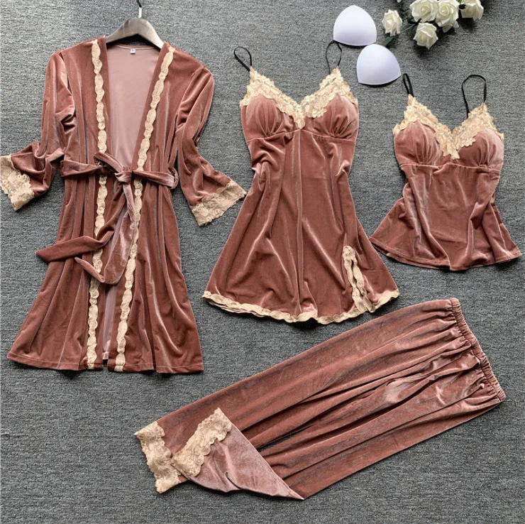 Lace Sexy Homewear Sleep Set Female Velour Long Sleeve Home Clothing Pajamas Suit Nightwear Pijamas Casual Sleepwear | Женская одежда