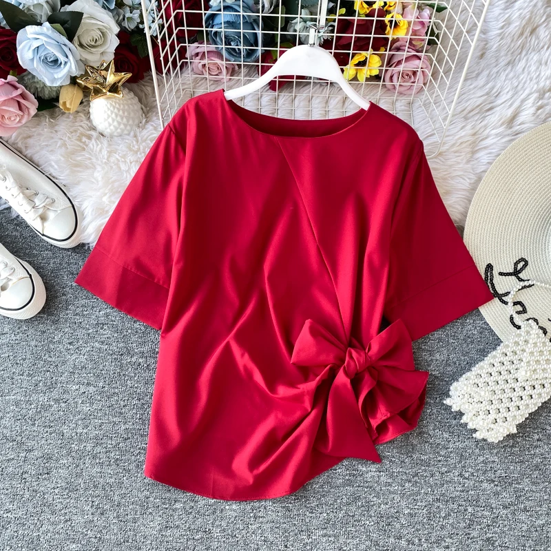 

2021 Summer New Women Fashion Short Sleeve O-neck Bow Bandage Solid Casual T Shirt Loose Tops