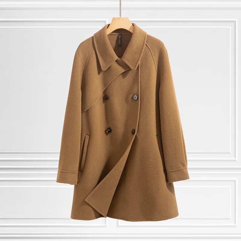 

Autumn Winter New Fashion Double-sided Cashmere Coat High-end A-line Version Mid-length Hand-sewn Lapel Woolen Female Overcoat