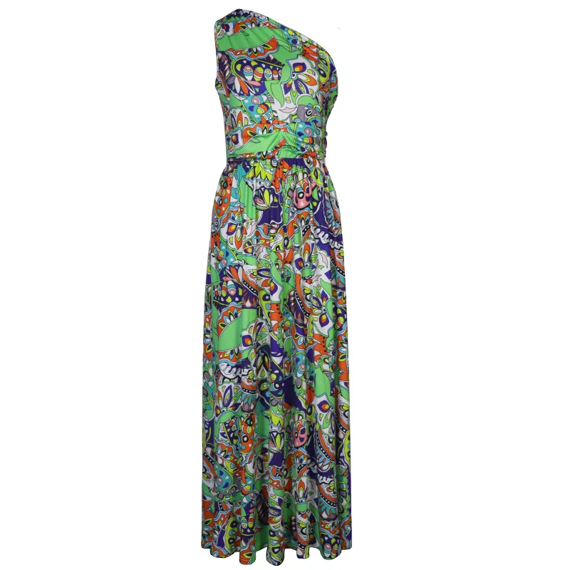 

Printed Single Shoulder Cuff Dress for Women 2021 Summer Bohemian Diagonal Collar Fashion Sexy Robe Dresses Femme