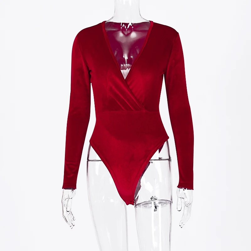 

V-neck sexy bodysuit velours winter bodycon long sleeve body velvet party streetwear club night rompers womens jumpsuit