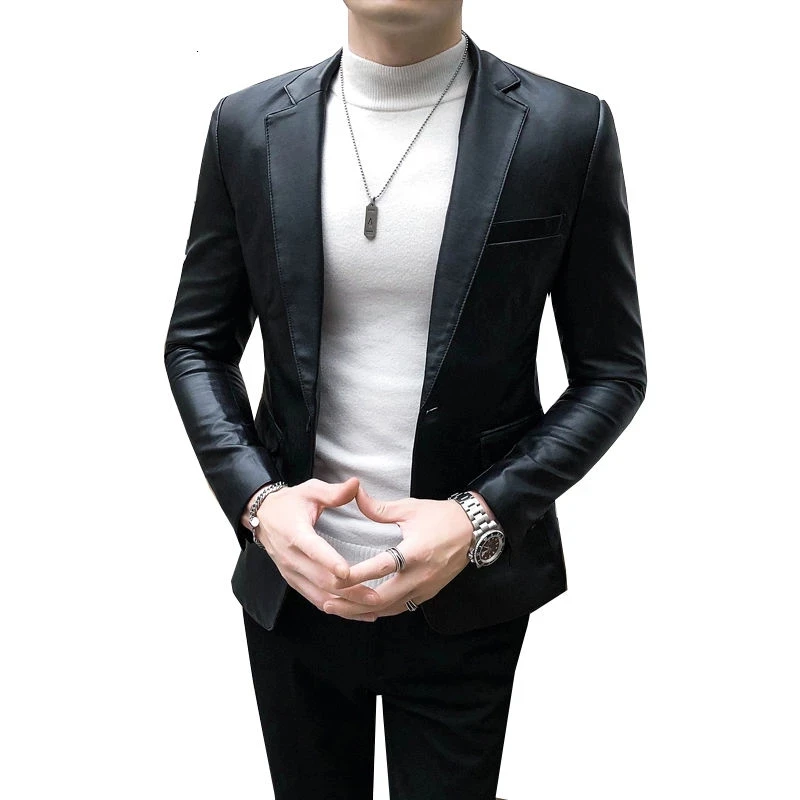 

2022 New Arrival High Quality Black Notch Lapel Single Breasted Leather Jacket For Stylish Formal Mens Slim Fit Blazer