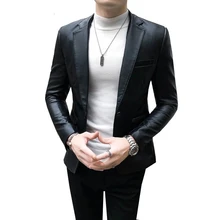 2022 New Arrival High Quality Black Notch Lapel Single Breasted Leather Jacket For Stylish Formal Mens Slim Fit Blazer (3)