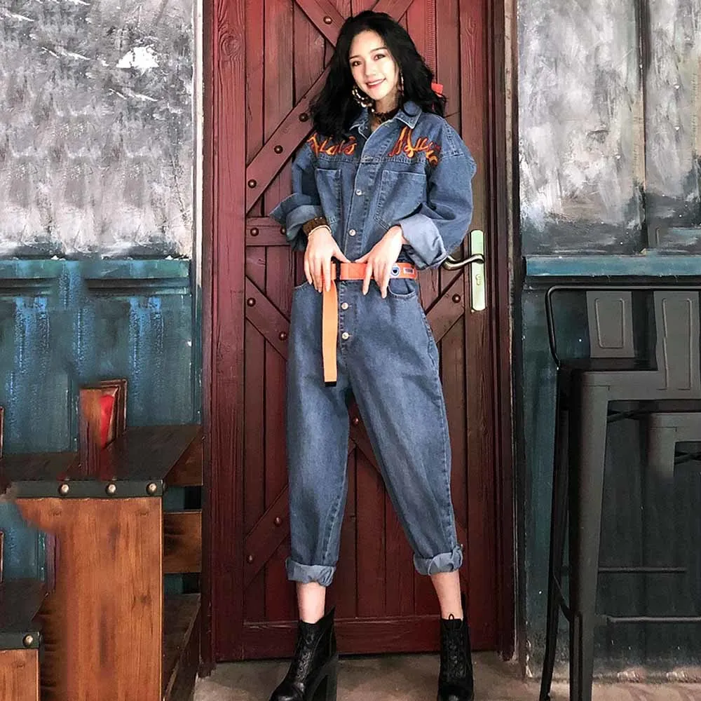 

Винтажный Новый женский цельный джинсовый комбинезон с высокой талией, зимний джинсовый комбинезон с длинным рукавом, джинсовый комбинезо...