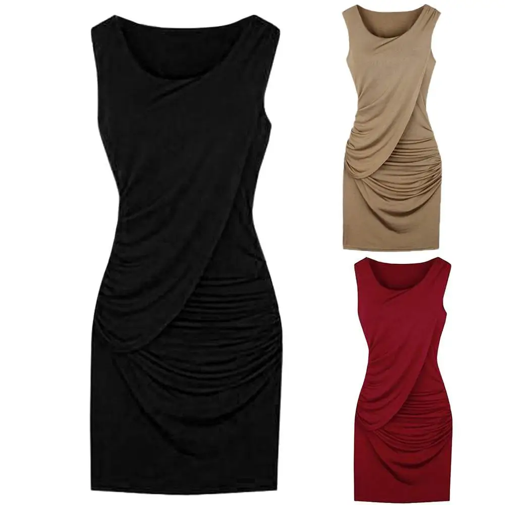 

Plus Size Fashion Lady Solid Color O Neck Sleeveless Pleated Bodycon Midi Dress