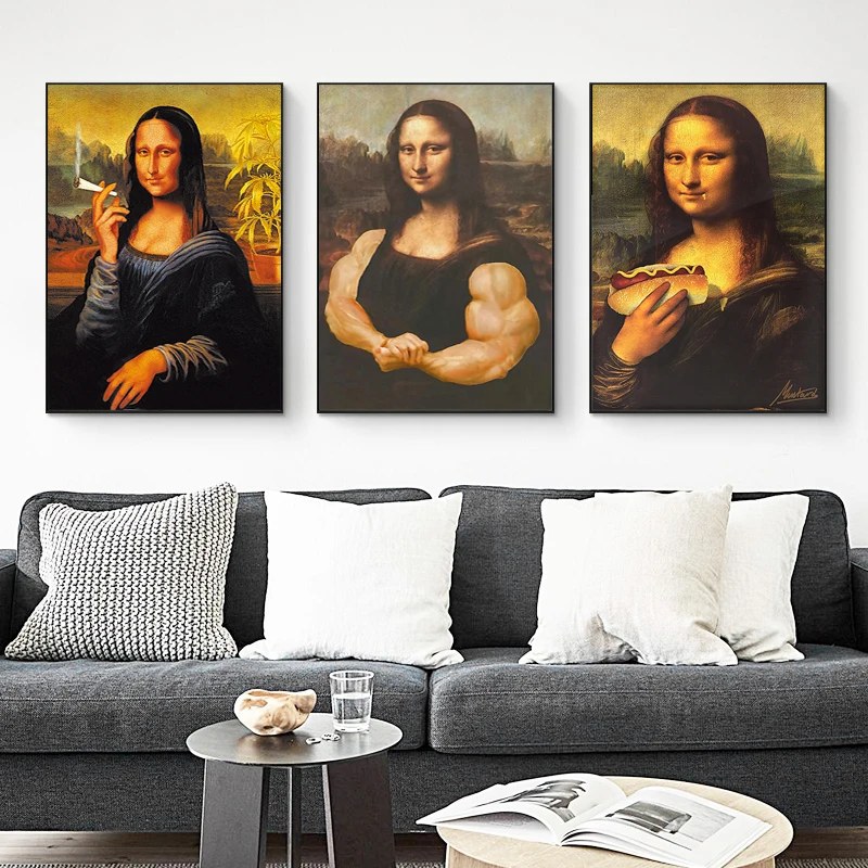 

Забавный художественный плакат Мона Лиза курительные закуски мускулатура Холст Настенная картина Современная комната украшение для гости...