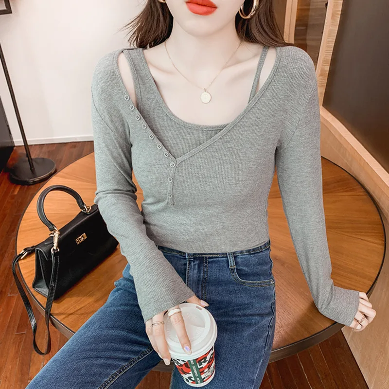 

#5761 Two Piece Set Long Sleeve T Shirt Women Sexy Club Off Shoulder T Shirt Buttons Irregular Womens Tee Shirts Knitted Cotton