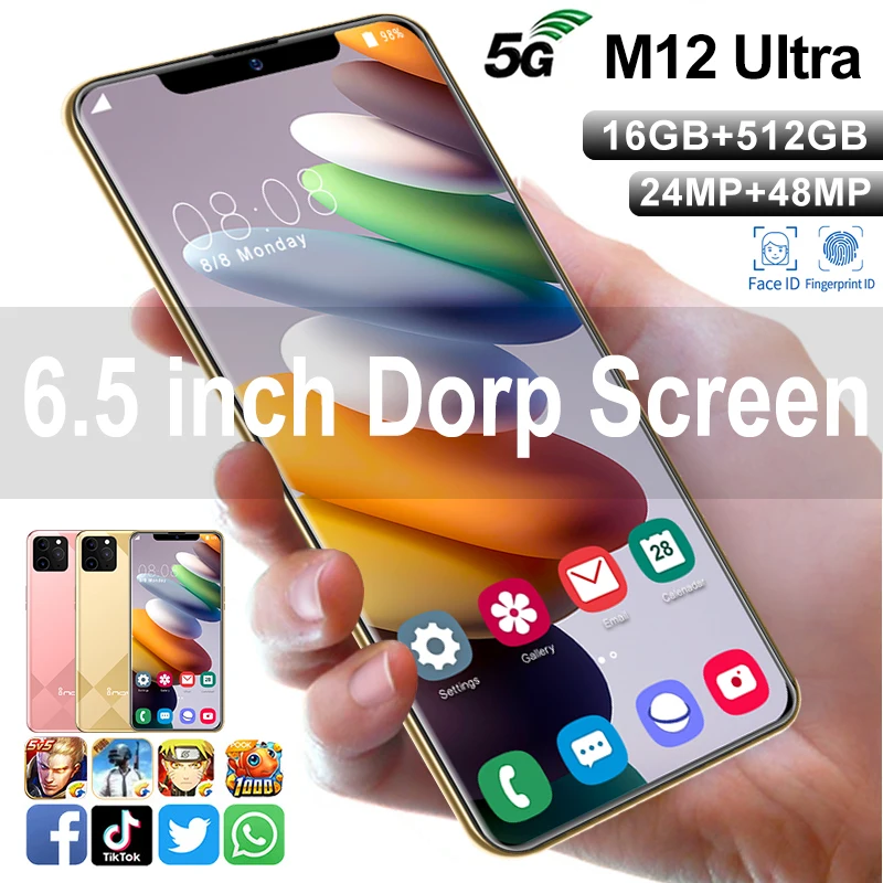 

SmartPhones Xiao M12 Ultra Global Version 6.5Inch 5G 16GB+512GB Mobilephone Unlock Android Phone 24MP+48MP 4G Network Cellphone