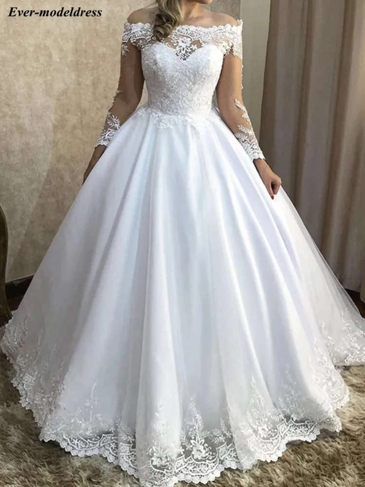 

Princess Lace Wedding Dresses 2020 Ball Gown Off Shoulder Long Sleeve Appliques Floor Length Satin Bridal Vestidos De Noiva