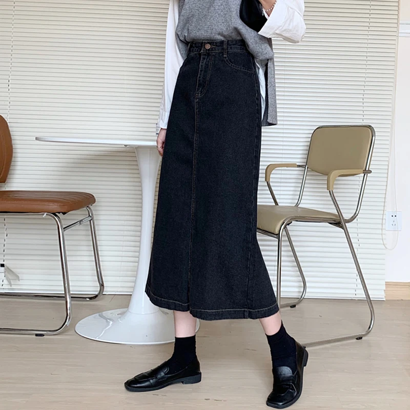 

Black denim skirt female spring autumn 2021 new design high waist thin a-line long skirt for women Jeans Harajuku loose