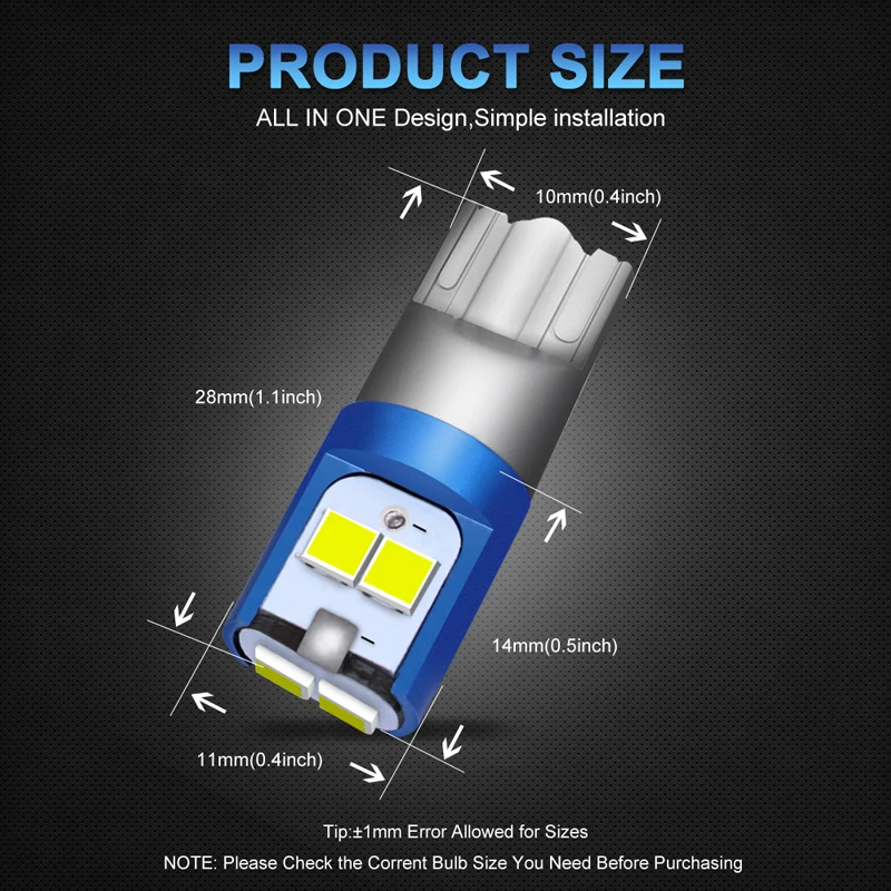 2Pcs W5W 3030 SMD Car T10 LED 194 168 Wedge Replacement Reverse Instrument Panel Lamp White Blue Bulbs For Clearance Lights