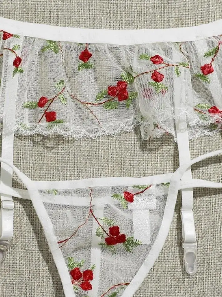 2021 Сексуальный нижнее белье Набор Цветочная Вышивка Бра + Трусики + Подвязки Прозрачные Женские Эротические комплекты для медового месяца.