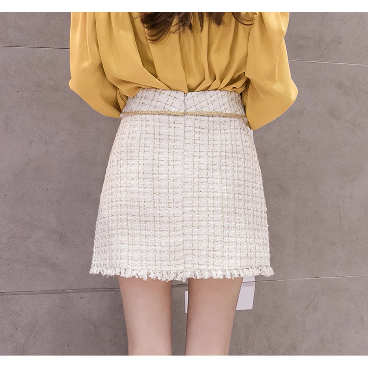 SMTHMA Winter tweed tassel skirts women high waist plaid black women's skirt korean chic mini short skirt faldas mujer moda