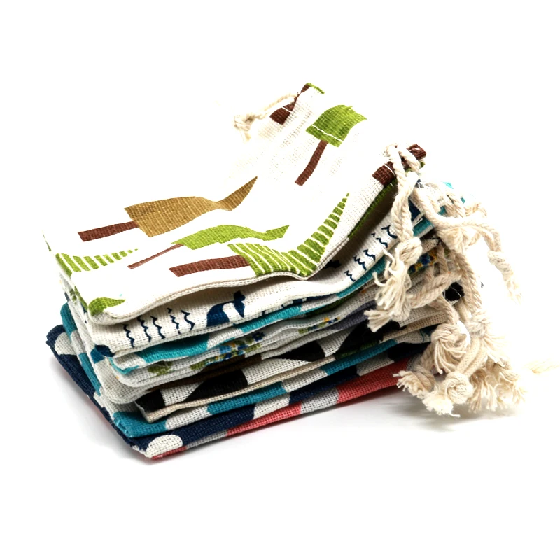 

Hot Handmade Stripe jute Cotton Linen Sundries basket 14x16cm 5pcs rawstring Pouches Sack Food Storage Wedding Favor