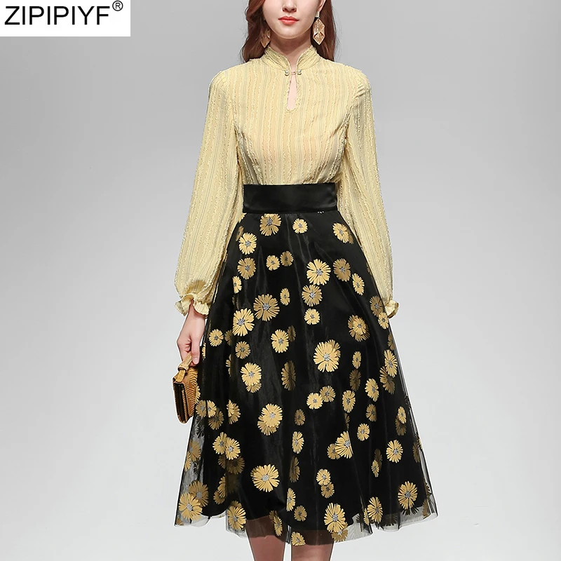 2020 модная весенняя Летняя женская юбка костюм со стоячим воротником рукав