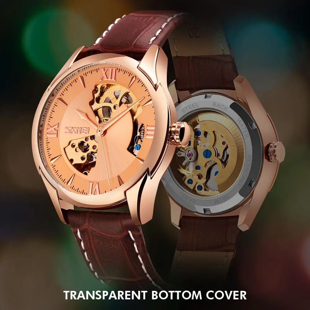 

New Fashion Top Brand SKMEI Watches Mens Watch Luxury Automatic Watch Men Business Leather Strap Hollow Mechanical Wristwatches