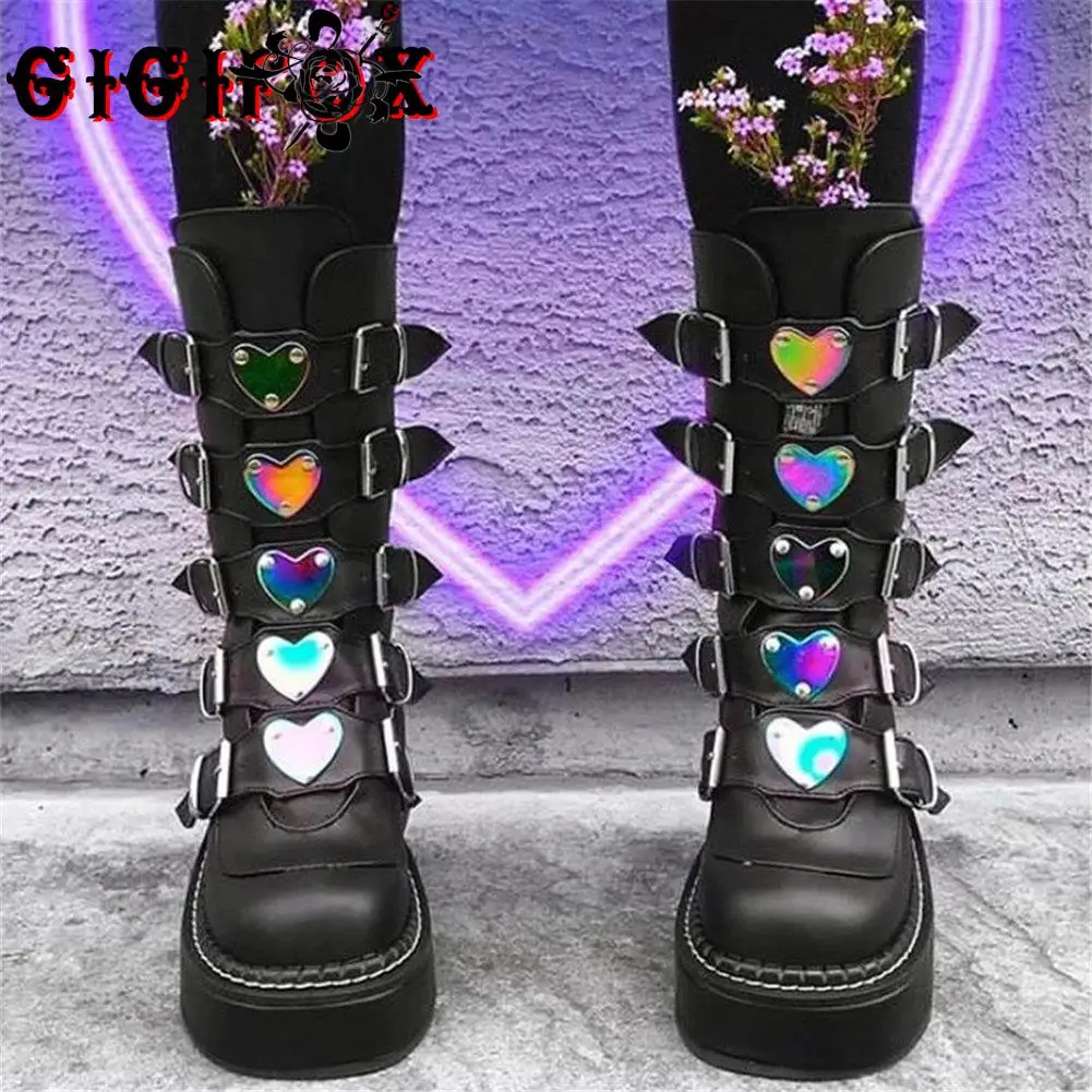GIGIFOX Brand Big Size 43 Fashion Cool Street Buckles Goth Winter Platform Motorcycles Boots Halloween Cosplay Black Woman Shoes images - 6