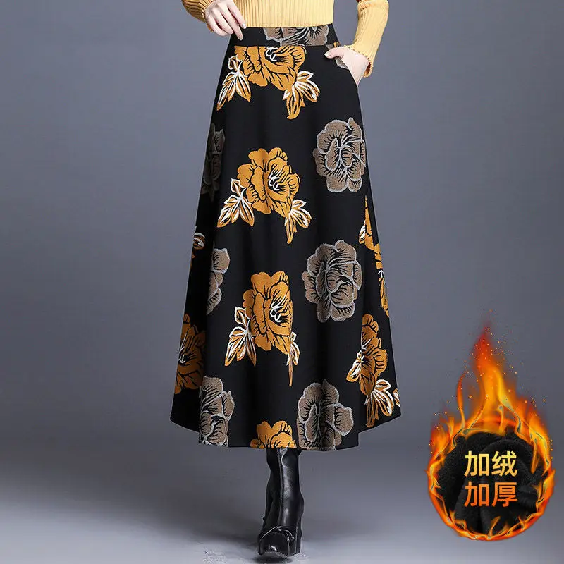 

Black Skirt Women Thickened Mid-Length Pleated High Waist A-Line Long Skirt Female Autumn And Winter Elegant Printed Jupe y1228