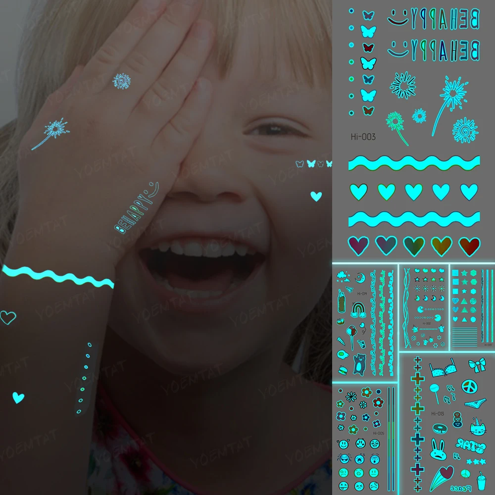

Kids Tatto Luminous Cute Happy Smiley Love Small Waterproof Temporary Tattoo Stickers Child Hand Face Body Art Flash Tatoo Women