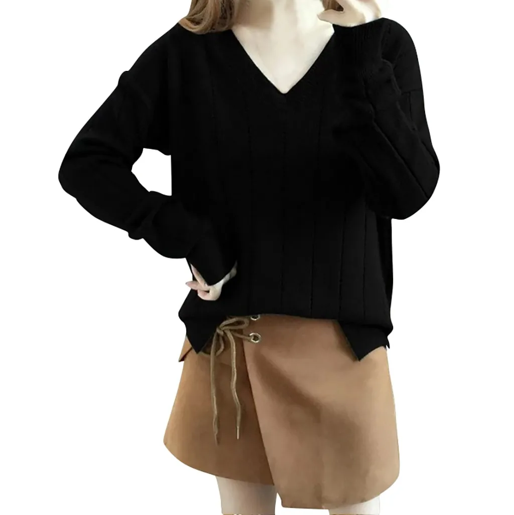 

SAGACE Clothes Women Sweater Autumn Winter V-Neck Solid Long Sleeve Knitt Sweater Pullover Top