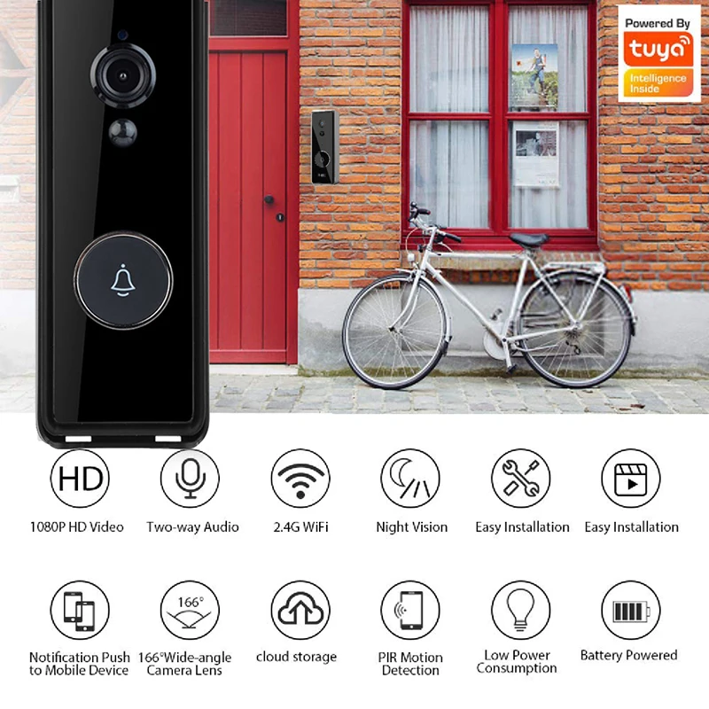 2MP 1080P Tuya APP Wide Angle Wireless WIFI Doorbell Low Power Comsunption Video Door Phone Two Way Intercom Visual Door Viewer