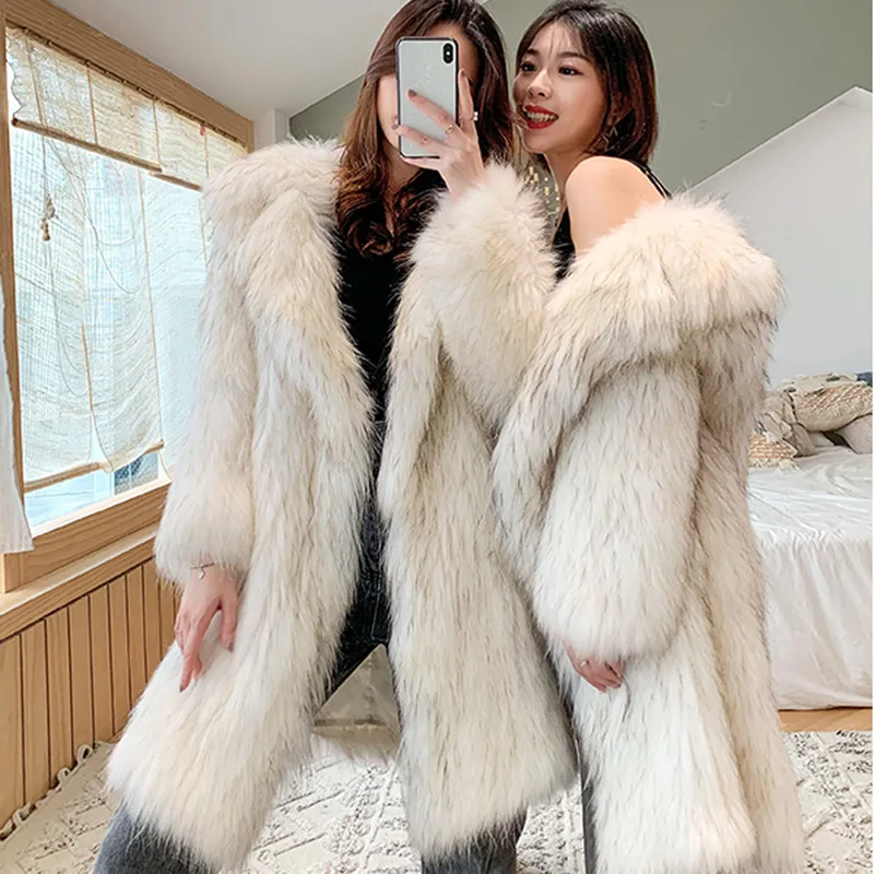 

7XL Autumn and Winter Imitation Raccoon Fur Coat Women Long Fox Fur Suit Collar Nine-Quarter Sleeve Casual Trench Coat