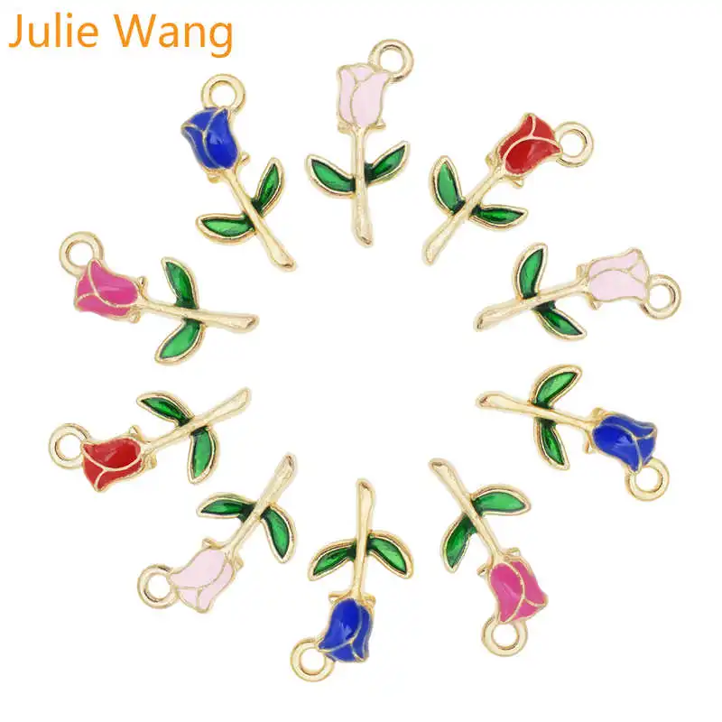 Julie Wang 4 шт. эмалевые розы шармы цветы розовый красный синий сплав золотой тон