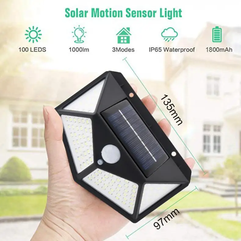 100 LED Solar Power Light 3 Modes 270 Degree Angle Illumination Motion Sensor Wall Lamp Outdoor Waterproof Garden Yard Lamps | Лампы и