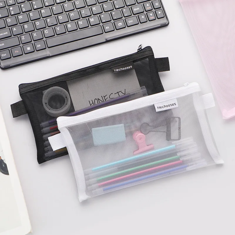 

Office Mesh Kawaii Cute Transparent Pencil Box Student Pen Bag for School Supplies Lapis Stationery Organizer Pencil Cases