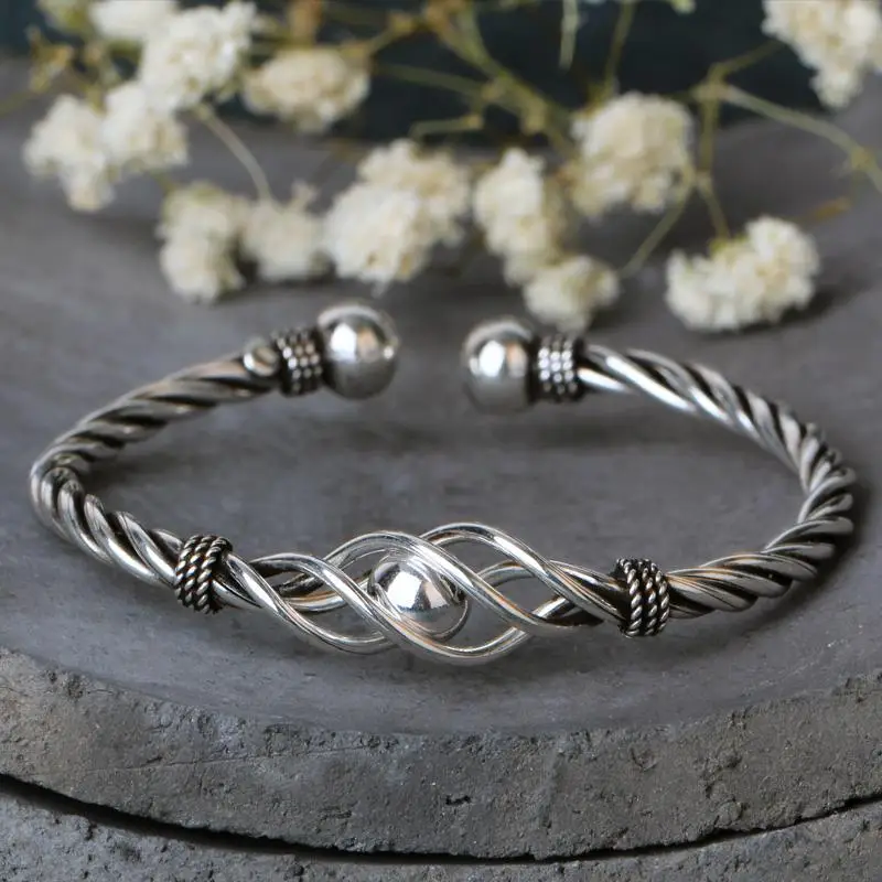 Женский винтажный браслет из серебра 100% пробы с плетением витой веревки|bracelet