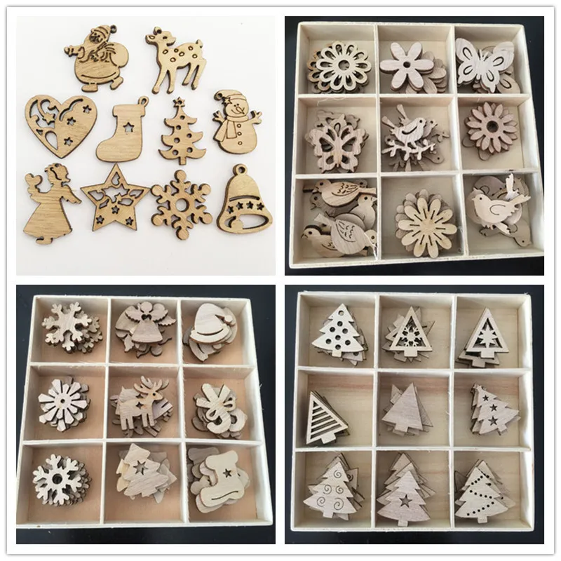 

50Pc DIY Natural Wooden Chip Santa Claus Christmas Tree Hanging Ornaments Pendant Kids Gifts Snowman Tree Shape Xmas Decoration