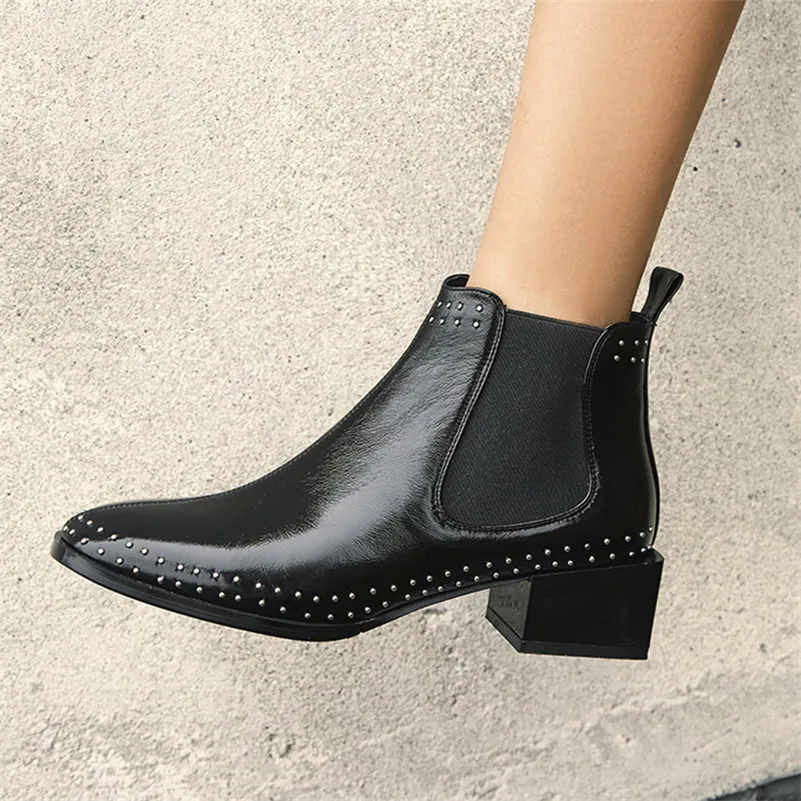 

Meotina Autumn Chelsea Boots Women Natural Genuine Leather Thick Heel Ankle Boots Rivets Square Toe Shoes Female Winter Size 39