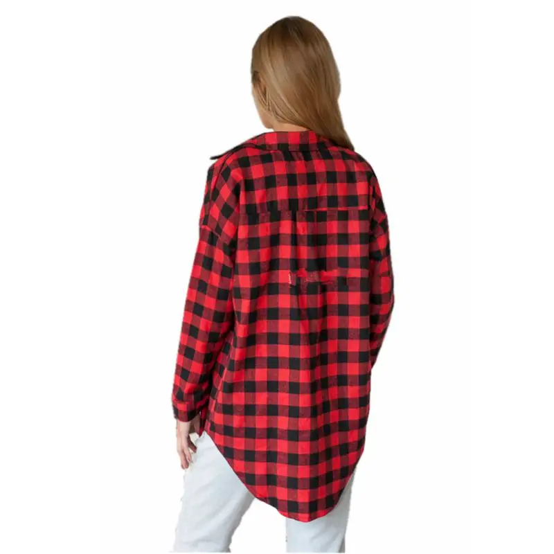 

Fashionable college style plaid student red black blouses casual loose irregular long sleeve blouse for women