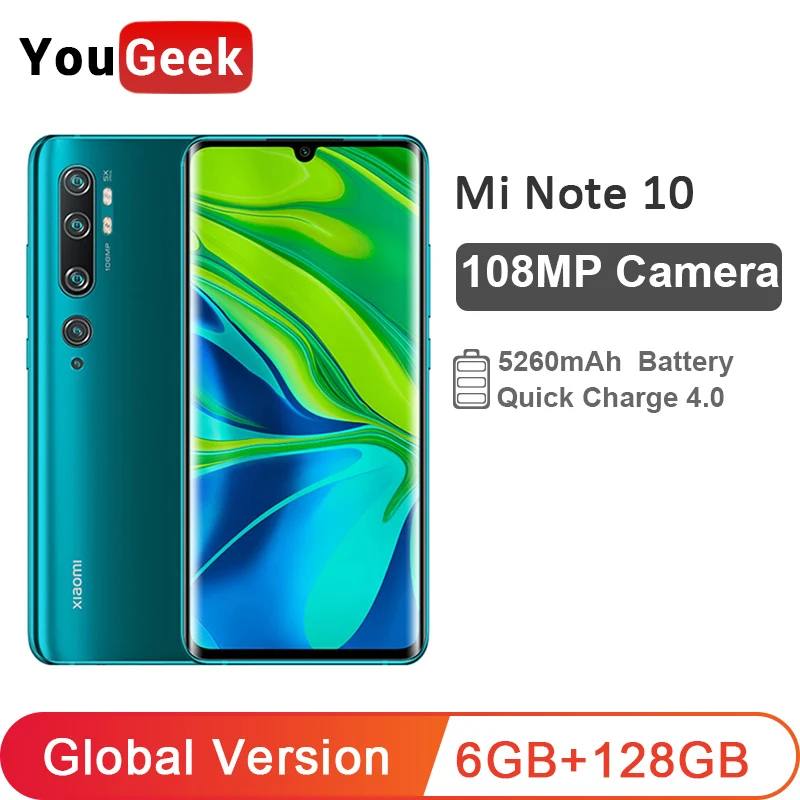 Xiaomi Mi Note 10 глобальная версия 6 ГБ 128 108MP Penta камера смартфон Восьмиядерный