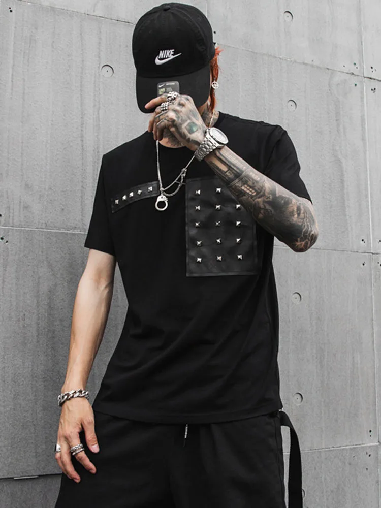 Мужская Уличная футболка с короткими рукавами и заклепками модная повседневная