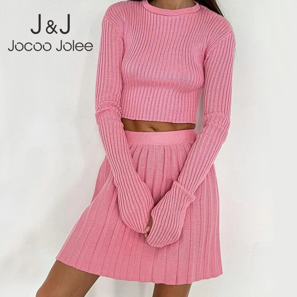 

Elegant Skirt Suits for Women Winter Sexy Long Sleeve Cropped Top High Waist Pleated Skirt 2 Pieces Set Green Y2K Knitted Suit