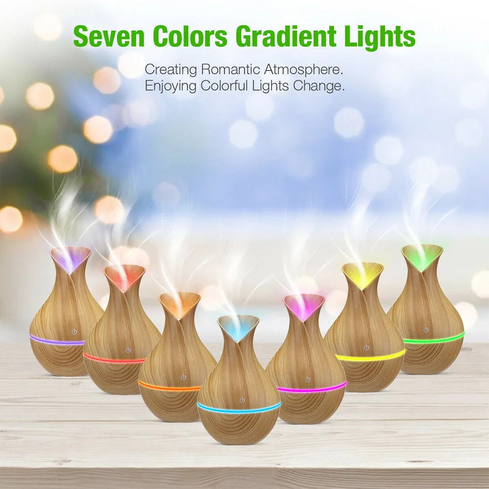

Electric Humidifier 300ML Aroma Diffuser Ultrasonic Air Humidifier Wood Grain ABS Silent 4 Gear Mode USB Charge Night Light