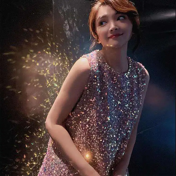 

Luxury Summer Shiny Sleeveless Sequined Tank Dress Chic Loose Vest A-Line Party Beaded Dress Harajuku Bestidos Evening Dresses