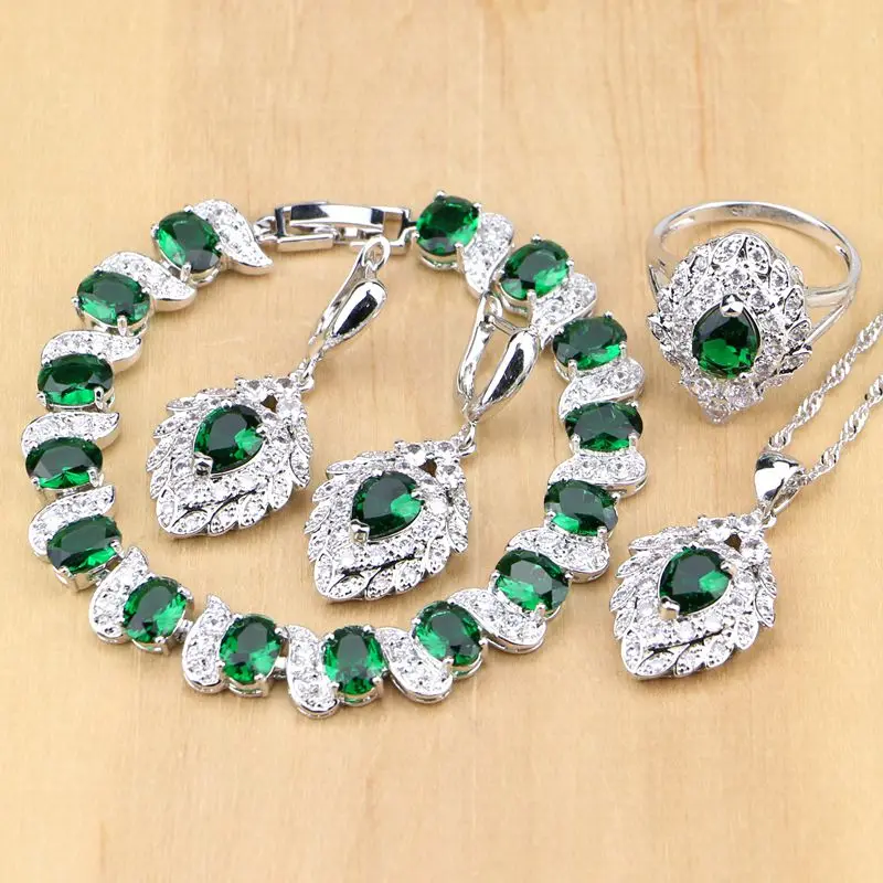 

925 Silver Bridal Jewelry Sets Green Zircon White CZ Docoration For Women Weeding Earrings Pendant Rings Bracelet Necklace Set