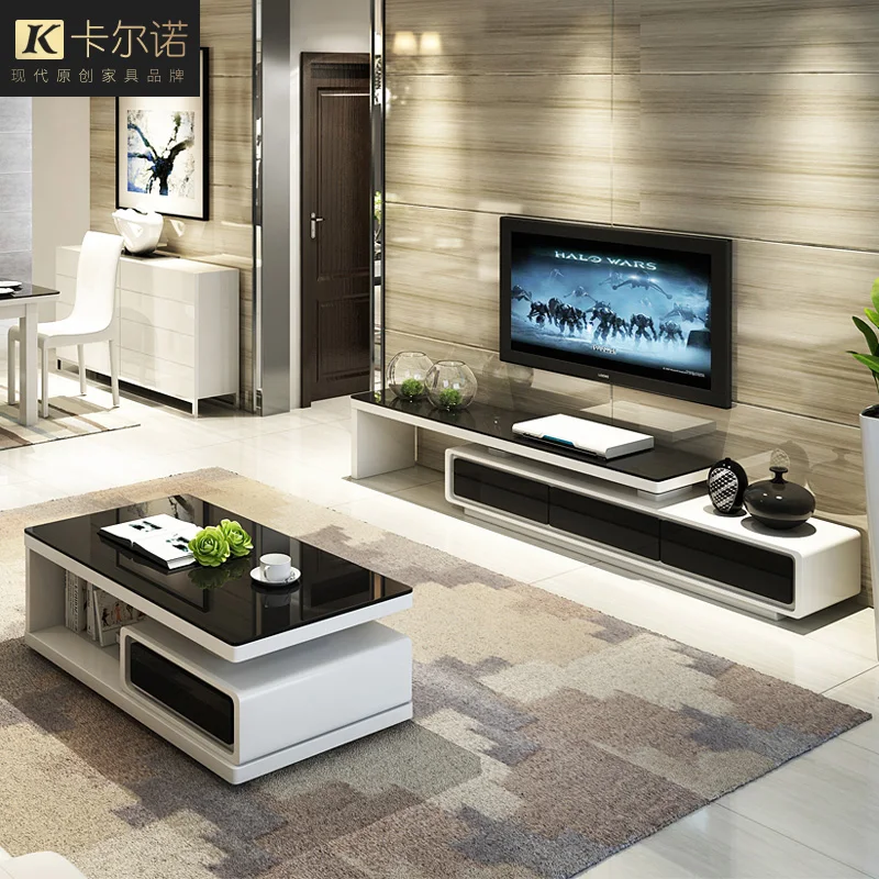 

Simple modern storage white living room furniture toughened glass coffee table TV cabinet set combination