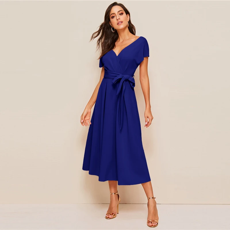 SHEIN застежкой-молнией на спине верхняя часть шеи с поясом, платье с пышной юбкой элегантная женская летняя обувь с цветочным рисунком топ с глубоким V-образным вырезом платье с высокой талией