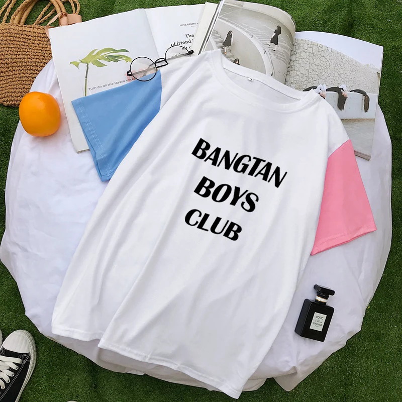 Summer New Spell Color Splicing T Shirt Women Casual Letter Print Streetwear Loose Korean Kpop BANGTAN BOYS CLUB Cotton Clothes | Женская