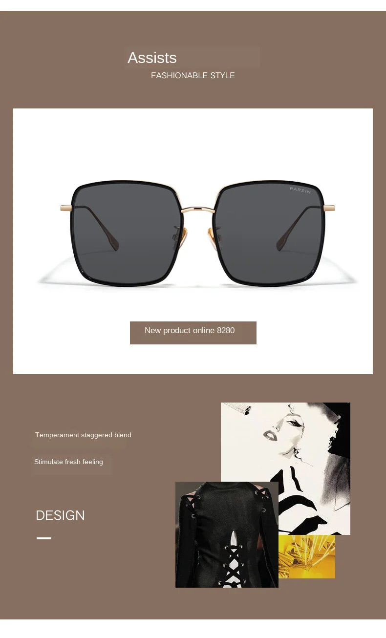 PARZIN New Sunglasses Women Big Metal Frame Sun Glasses For Women Fashion Colorful Ladies Shades Eyewear 8280