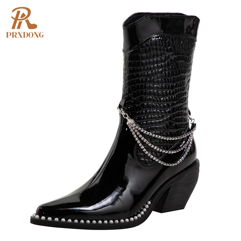 

2021 Genuine Leather Platform Boots Pearl Decoration Chain High Heels Women Mid- Calf Boots Pointed Toe Party Club Punk Shoes 42