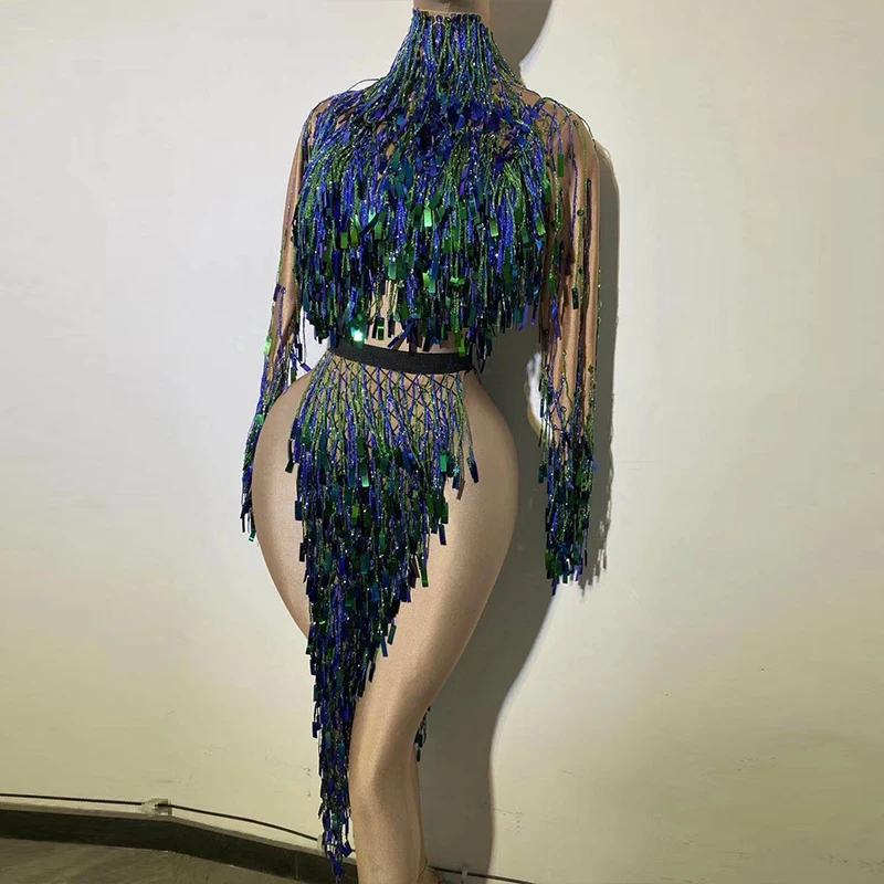

silver Sequin Tassel Latin Dance Costume Stage Performance Women Sexy 2 pieces blue long sleeve Top and Skirt Nightclub Bar Pole