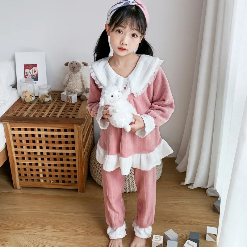 

Girls Temperament Pajama Sets Patchwork Long Sleeve Tops Ankle Length Pants Ruffles Cozy Loose Sleepwear Fashion Lounge Popular