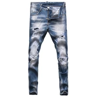 european street fashion men jeans retro light blue elastic slim fit ripped jeans plain wash destroyed patchwork denim punk pants