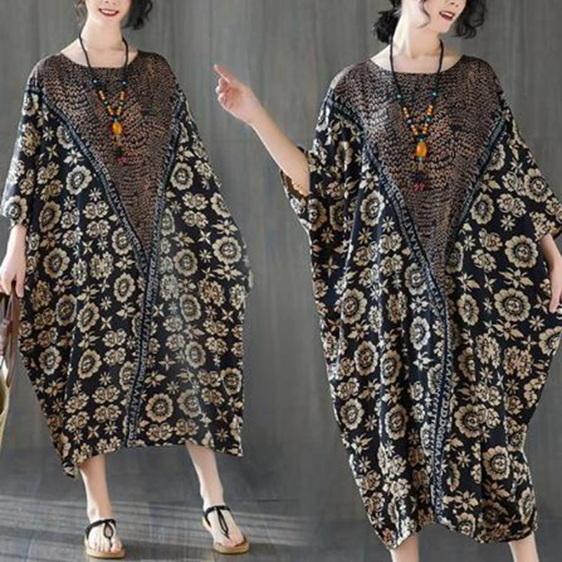 

maternity dressSummer new women's dress Plus Size silk printed bat sleeve dress with round neck show thin one-piece dress